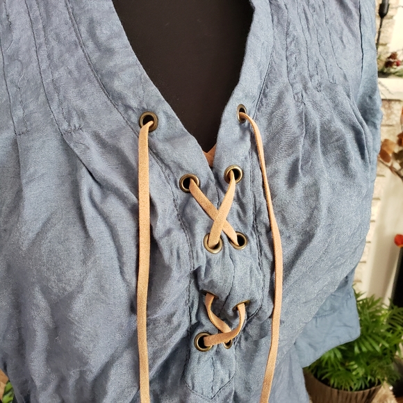 Western Look Long Tunic Top Jean Look With Sheen Loose Half Lace Fit Shirt S / M - Picture 4 of 10